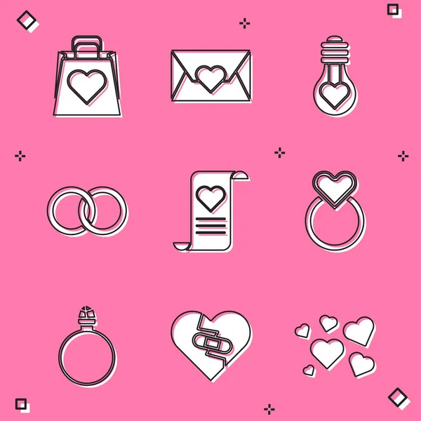 Set Sac Shopping Avec Coeur Enveloppe Valentine Ampoule Forme Coeur — Image vectorielle