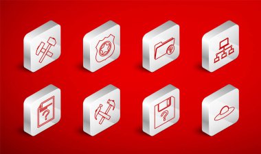 UFO uçan uzay gemisi, polis rozeti, bilinmeyen dizin, bilgisayar ağı, belge, çaprazlanmış iki çekiç ve simge. Vektör