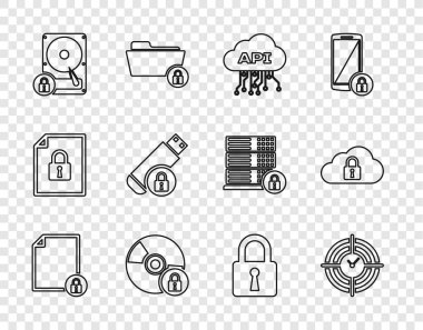 Satır Belgesi ve Kilit, Zaman Yönetimi, Cloud api arayüzü, CD veya DVD diski, Hard disk, USB flaş, Lock ve bilgisayar simgesi ile ayarla. Vektör