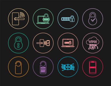 Satır Mobil ve şifreyi ayarla, Bulut VPN arayüzü, Parola koruması, Kablosuz, Kilitli, Bilgisayarlı ve simgeli dijital kapı kilidi. Vektör