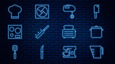 Ölçme kabı, pişirme kabı, elektrikli mikser, kızartma tavası, soba, aşçı şapkası, tost makinası ve havalandırma ikonu. Vektör