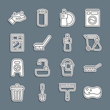 Sünger, temizlik fırçası, çöp tenekesi ve çöp torbası, bulaşık deterjanı tabağı, temizlik servisi pencereleri, sabun ve ikonla el yıkama. Vektör