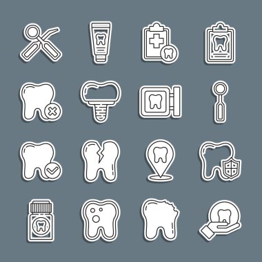Dişçi, diş koruma, teftiş aynası, kart, implant, nakliyat ve klinik konum ikonu ayarla. Vektör