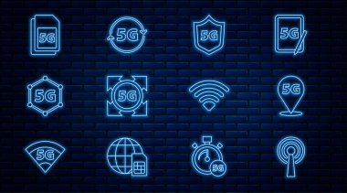 Hat Anten, Konum 5G ağı, Koruyucu kalkan, Sim Card, Wi-Fi kablosuz ve simge ayarla. Vektör