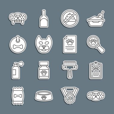 Set line Cat nose, Clinical record pet, Veterinary clinic, No shit, Dog collar, tooth and  icon. Vector