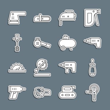 Açılı öğütücü, tornavida, elektrikli kablosuz tornavida, yapboz, yaprak bahçe üfleyicisi, elektrikli el betonu karıştırıcı, zımpara makinesi ve hava kompresör ikonu. Vektör