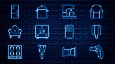 Saç kurutma makinesi, kesme tahtası, kahve makinesi, gardırop, kanepe, buzdolabı, mobil uygulamalar ve tencere ikonu. Vektör