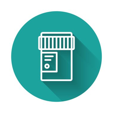 Beyaz çizgi tıbbi şişe marihuana veya kenevir yaprağı ikonu uzun gölgeli. Kavanozlardaki kenevir yağı özlerini taklit et. Yeşil daire düğmesi. Vektör İllüstrasyonu.