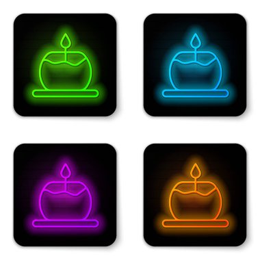 Parlayan neon hattı Aroma mum simgesi beyaz arkaplanda izole edildi. Siyah kare düğme. Vektör.