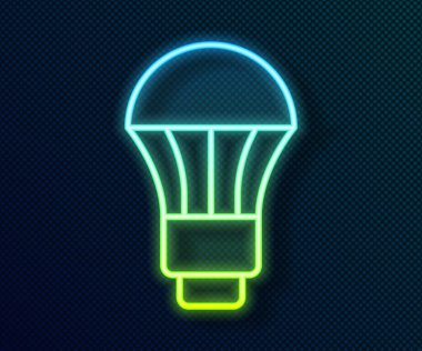 Parlayan neon hattı LED ampul simgesi siyah arkaplanda izole edildi. Ekonomik LED ışıklı ampul. Enerji lambasını sakla. Vektör