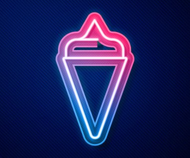 Mavi arka planda izole edilmiş waffle konisi ikonunda parlayan neon hattı dondurma. Güzel sembol. Vektör