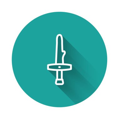 Beyaz çizgi hançer ikonu uzun gölge arkaplan izole. Bıçak ikonu. Keskin bıçaklı kılıç. Yeşil daire düğmesi. Vektör