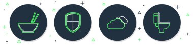 Hat kalkanı, bulut, yemek çubukları ve klozet ikonu olan bir kase. Vektör