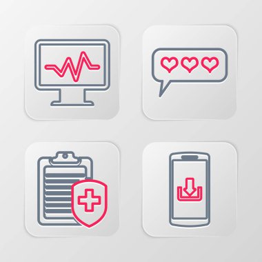 Smartphone 'u indirme, pano sağlık sigortası kalp ve monitör kardiyogram ikonu ile ayarla. Vektör