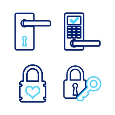 Hat kilidi ve anahtarı ayarla, yürekli asma kilit, dijital kapı kablosuz ve kapı kolu simgesi. Vektör