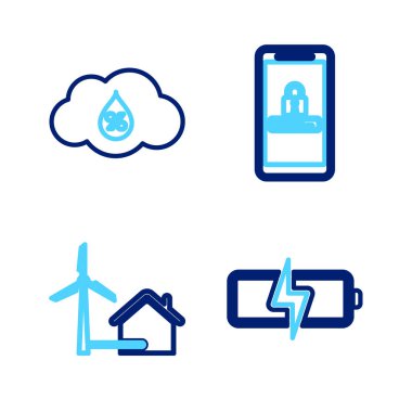 Bataryayı, rüzgar türbinli evi, cep telefonunu, şifre korumasını ve nem simgesini ayarla. Vektör