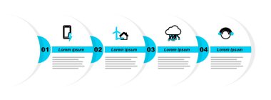 Termostat hattı, internet, rüzgar türbini ve mobil şarj ikonu olan ev. Vektör