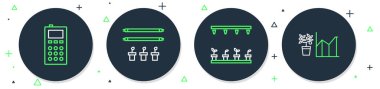 Akıllı çiftliği ampul ve bitki ile ayarla, otomatik sulama fıskiyeleri, uzaktan kumanda ve çiçek istatistik simgesi. Vektör