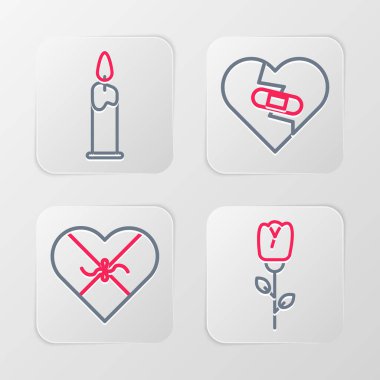 Sabit çizgi çiçek gülü, kalp şeklinde şeker kırılmış ve yanan mum ikonu. Vektör