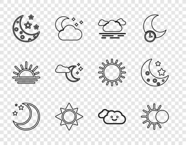 Set line Moon and stars, Eclipse of the sun, Cloud, Sun, with moon,  and  icon. Vector
