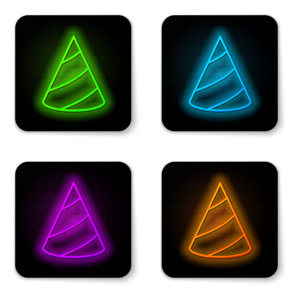 Glowing neon line Party hat icon isolated on white background. Birthday hat. Black square button. Vector