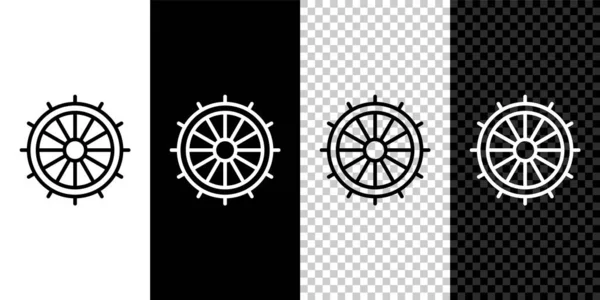 Set Line Ship Steering Wheel Icon Isolated Black White Transparent — Stok Vektör