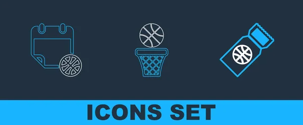 Set Line Basketball Game Ticket Sports Winner Podium Icon Vector — Stock Vector
