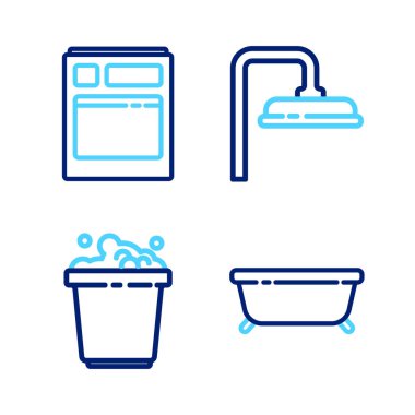 Küvet sırası, sabun köpüklü kova, duş başlığı ve bulaşık makinesi ikonu. Vektör