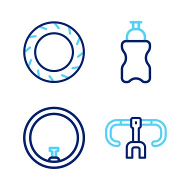 Bisiklet gidonu, tekerlek, su ve lastik ikonlu spor şişesi ayarlayın. Vektör