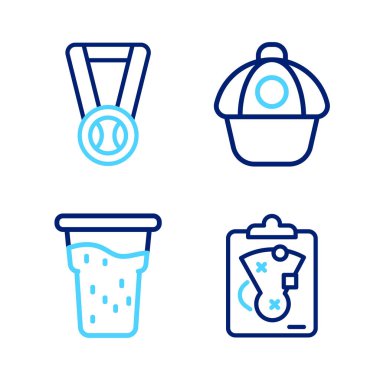 Çizgi planlama stratejisi, bir bardak bira, beysbol şapkası ve beysbol ikonlu madalya. Vektör