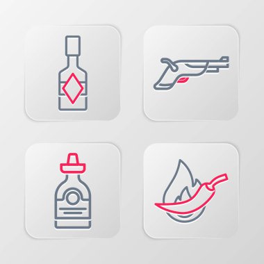 Set hattı Hot chili biber podu, tekila şişesi, klasik tabancalar ve acı sos ikonu. Vektör