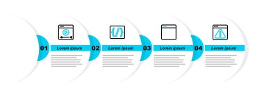 Satır Tarayıcısını ünlem işareti, pencere, programlama dili sözdizimi ve çevrimiçi oynatma video simgesi ile ayarla. Vektör