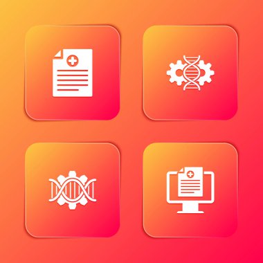 Klinik kaydı, gen düzenleme, genetik mühendisliği ve monitör ikonu. Vektör.