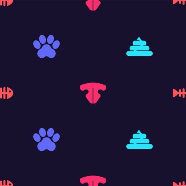 Set Shit, Paw print, Cat nose and Fish skeleton on seamless pattern. Vector