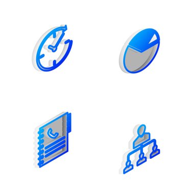 Isometric line Pie grafik bilgisini, oklu saati, telefon rehberini ve Referans pazarlama simgesini ayarla. Vektör.