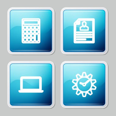 Satır Hesap Makinesi, Özgeçmiş, Laptop ve Zaman Yönetimi simgesini ayarla. Vektör.