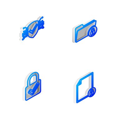 Isometric satır dizinini ayarla ve kilitle, Siber güvenlik, Kilit işareti ve Belge simgesi. Vektör.