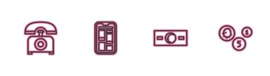 Telefon hattı, kağıt para, online alışveriş ve madeni para ikonu. Vektör.