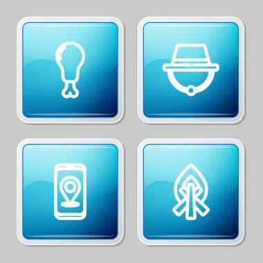 Tavuk budu, kamp şapkası, şehir haritası navigasyonu ve kamp ateşi ikonu. Vektör.