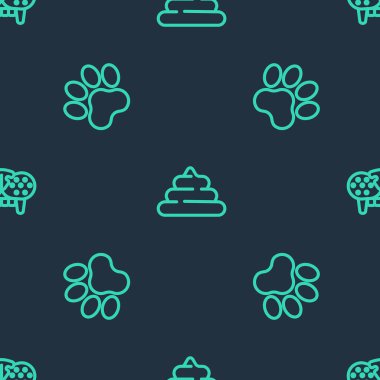 Set line Shit, Paw print and Cat tooth on seamless pattern. Vector