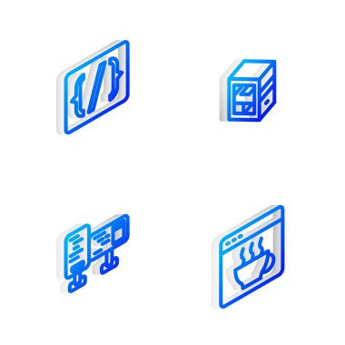 Isometric satırı Bilgisayar, Programlama dili sözdizimi, monitör ekranı ve Yazılım simgesini ayarla. Vektör