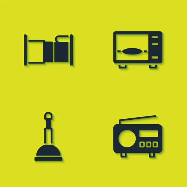 Set Bed Radio Rubber Plunger Microwave Oven Icon Vector — Stock Vector