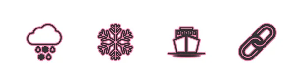 Установить Линию Облако Снегом Дождём Корабль Снежинка Цепь Связи Значок — стоковый вектор