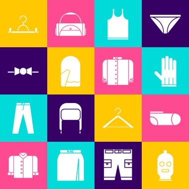 Kar maskesi, spor çorapları, deri eldiven, kolsuz tişört, Noel eldiveni, papyon, elbise dolabı ve ikon. Vektör