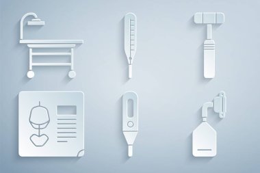 Tıbbi termometreyi, nöroloji refleks çekicini, röntgen çekimini, oksijen maskesini ve ameliyat masası simgesini ayarla. Vektör