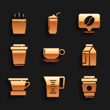 Kahve fincanı, su bardağı, paket kahve çekirdekleri, V60 makinası, konum ve ikon. Vektör