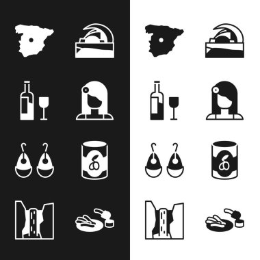 İspanyol kadın, camlı şarap şişesi, İspanya Haritası, Tenerife Konser Salonu, küpeler, zeytin kutusu, Churros ve çikolata ve Algar şelalesi ikonu. Vektör