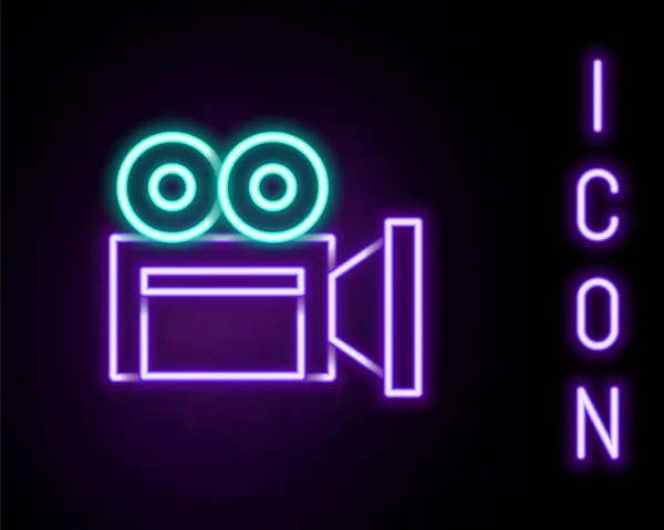Świecąca Neonowa Ikona Kamery Kinowej Odizolowana Czarnym Tle Kamera Wideo — Wektor stockowy