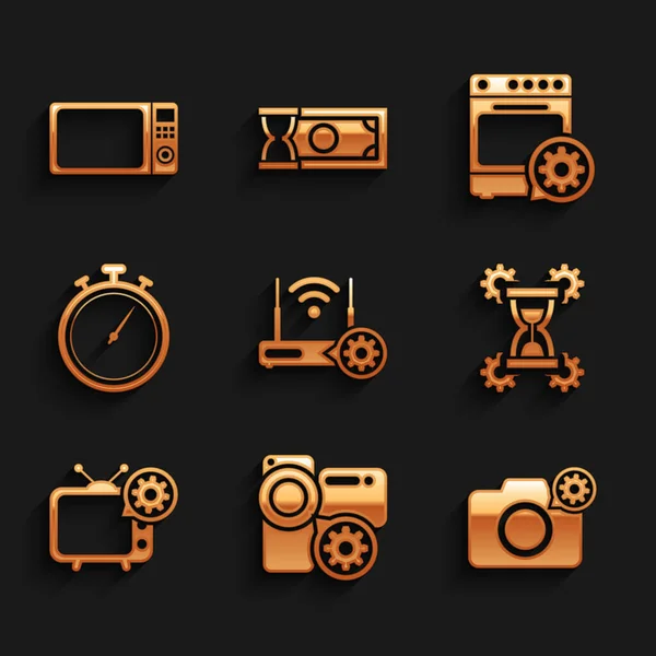 Set Router Setting Video Camera Photo Hourglass Stopwatch Icon Vector — Stock Vector