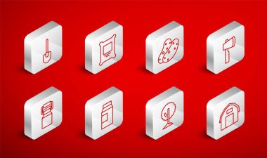 Çiftlik evi, gübre torbası, patates, tahta balta, ağaç, kürek, süt ve kutu ikonu için kağıt paket. Vektör